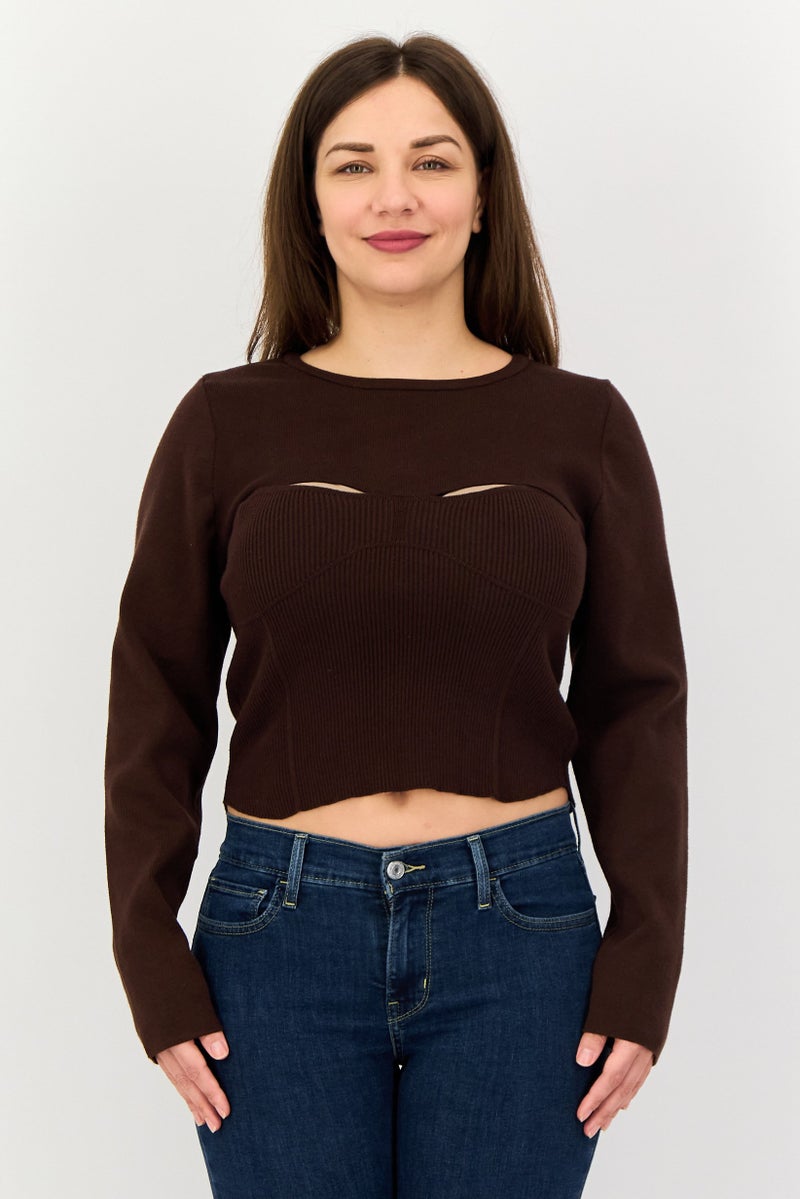 promod Women Crew Neck Long Sleeve Solid Shirt, Dark Brown - Image 1